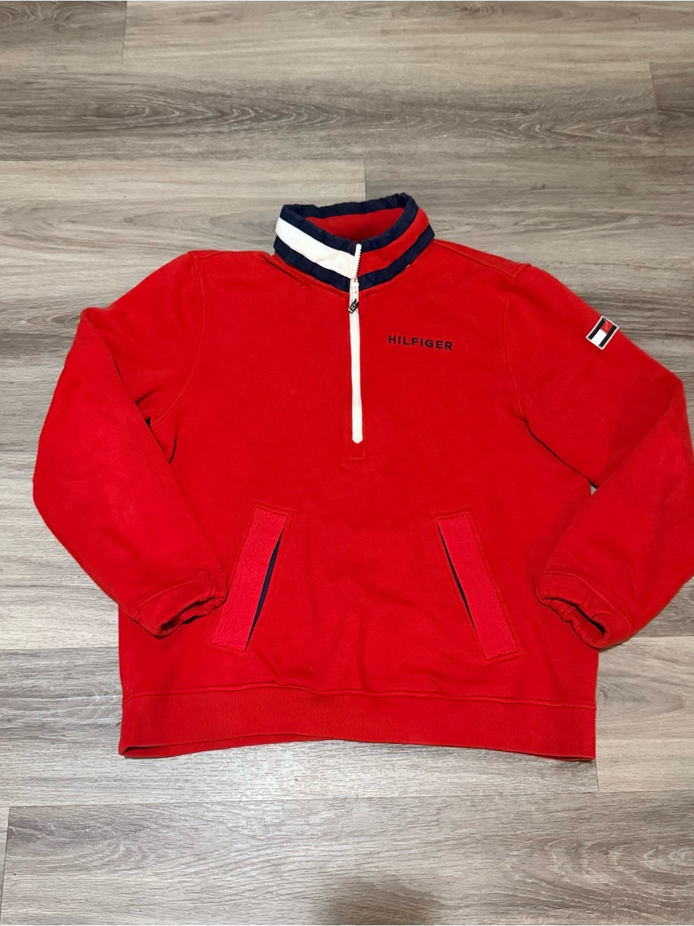 Tommy Hilfiger Red Half-Zip Pullover with Navy-Trim Collar